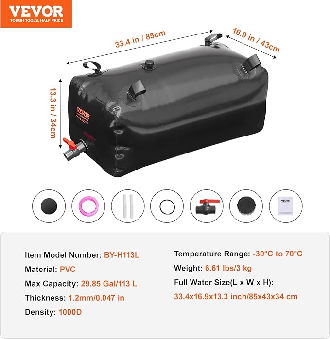 VEVOR 113 L/29.85 Gal Water Storage Bladder, Portable RV Water Tank, 1000D PVC Collapsible Water Storage Containers, Soft Water Bag, Water Bladder, Camping, Emergency Water Use, Black