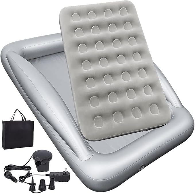 Inflatable Kids Travel Bed Toddler Air Mattress Set,Portable Blow Up Mattress Sleeping Bed Cot with Bed Rails and Electric Pump Ideal for Road Trip