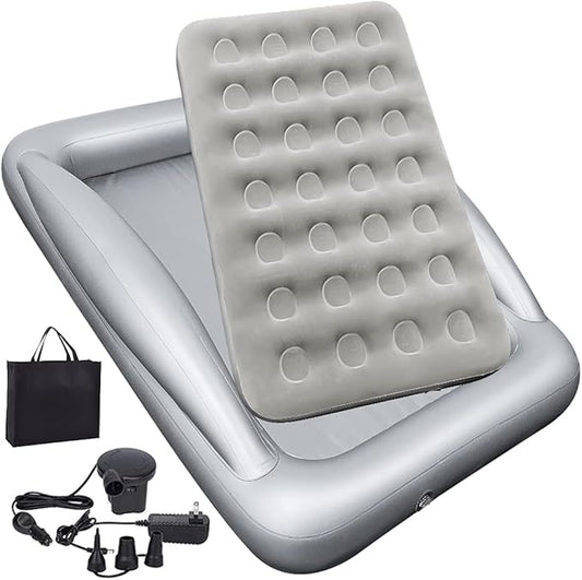 Inflatable Kids Travel Bed Toddler Air Mattress Set,Portable Blow Up Mattress Sleeping Bed Cot with Bed Rails and Electric Pump Ideal for Road Trip