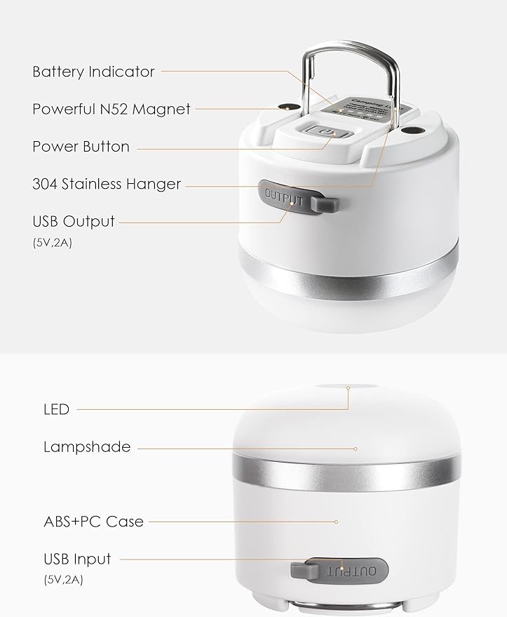 Joyzy Rechargeable LED Camping Lantern - 5 Light Modes, 600lm Outdoor Light, Mini Hanging Lamp for Fishing, Car or House Emergency Kit (White)