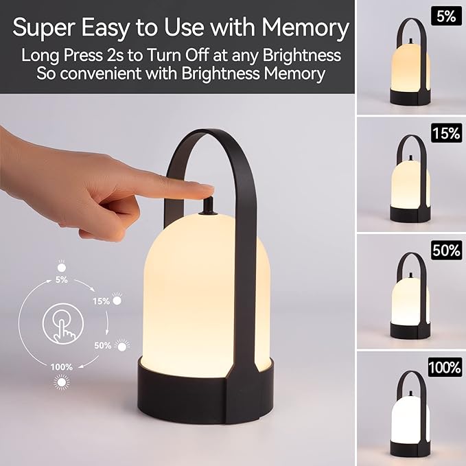 Tubicen Portable LED Cordless Rechargeable Lantern Table Lamp, 4000mAh Powerful Battery Operated Black Bedside Table Lamp, 4 Levels Touch Dimmable Night Light for Home Camping Restaurant Desk Balcony