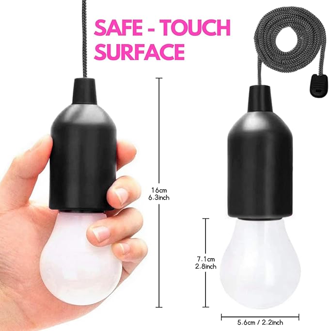 LED Pull Cord Light Bulb 4 Pack, LED Camping Lantern Lights Hanging Tent Lamp Light Bulbs for Camping, Hiking, Home Decor, Hurricane Emergency, Storms, Outages and More (4pcs Black)