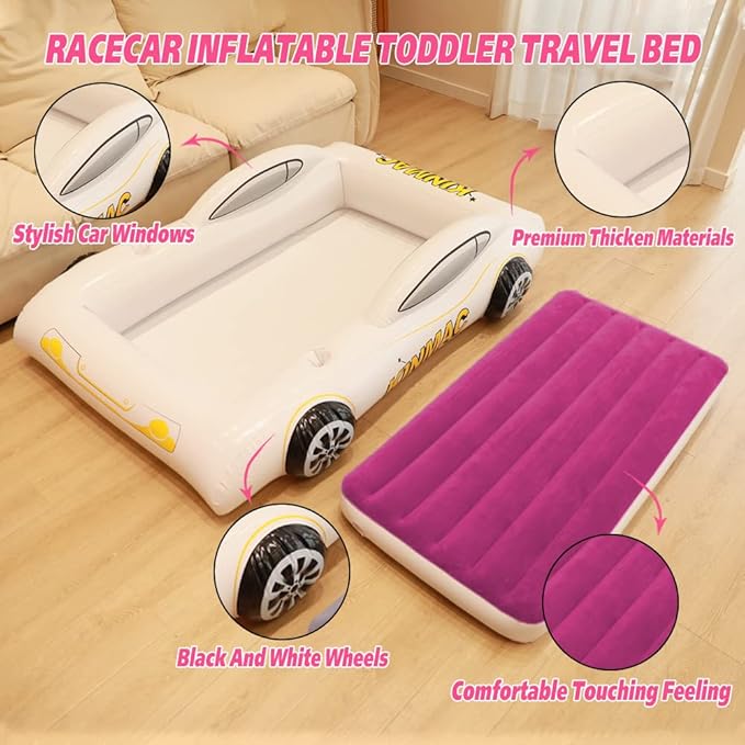 KINMAC Inflatable Toddler Travel Bed- Portable Travel Toddler Air Bed for Kids Camping Air Mattress Racecar Toddler Bed with Sides Blow Up Mattress Sleeping Pad for Camping Car Travel(Rose Red)