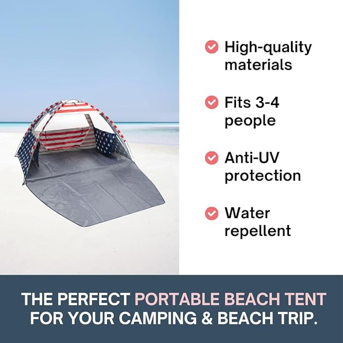 American Flag Portable Beach Tent Anti UV for 3-4 Person – Premium Beach Tent Sun Shelter with 3 Large Mesh Windows – Shade Tent for Camping Essentials - Beach Essentials for Women & Men (Easy Set up)