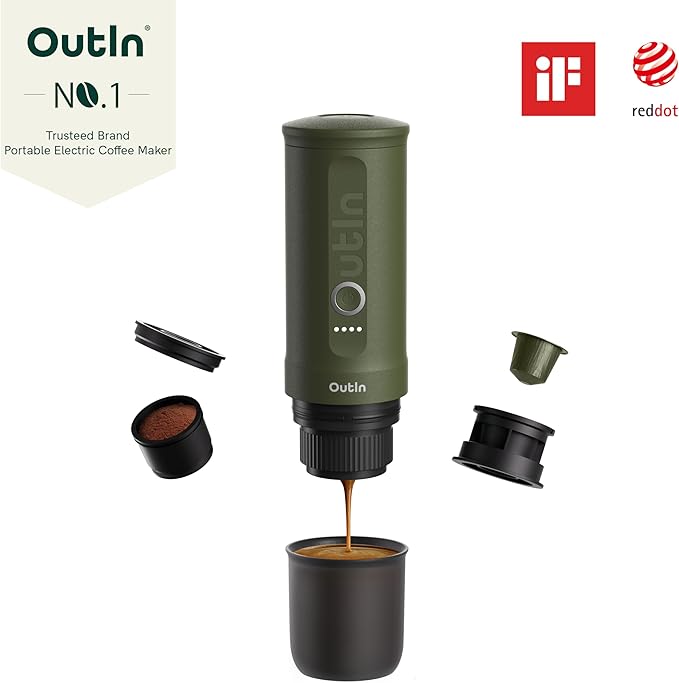 OutIn Nano Portable Electric Espresso Machine, Travel Coffee Maker for Camping, Car Coffee Maker Self-Heating with USB-C, With Ground Coffee & NS Capsule for RV, Hiking, Office