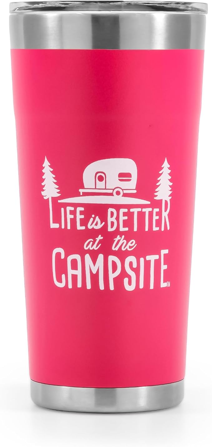 Camco Life is Better at The Campsite Tumbler | Heavy Duty Double Wall Vacuum Insulation | Crafted of 18/8 Stainless Steel | Unique “Life is Better at The Campsite” Design on Coral Pink | 20-oz (53061)