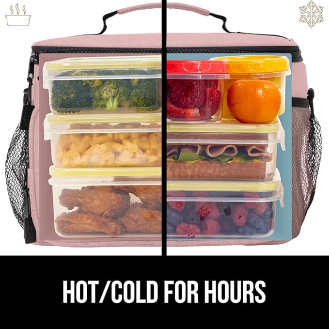 GORILLA GRIP Reusable Insulated Lunch Box Bag for Women Men, Large Leakproof Soft Cooler Bags, Multiple Compartments, Mesh Pockets, Adjustable Strap, Food Tote Keeps Drinks Cold, 8L, 10x9, Pink
