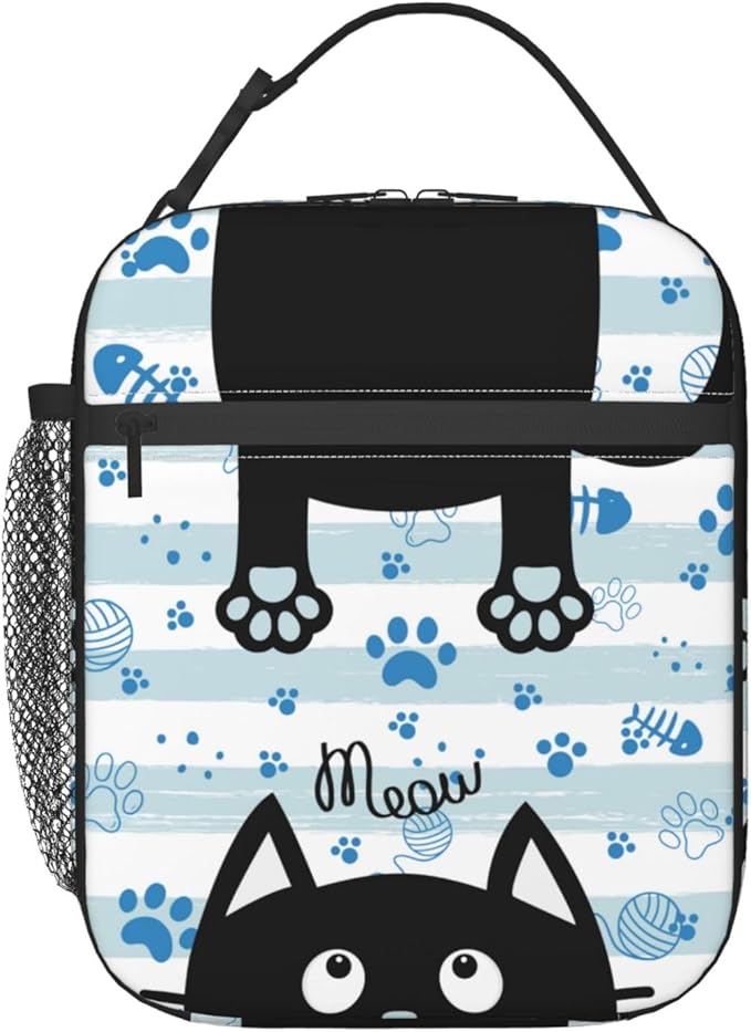 Black Cat Lunch Box for Kids Boys Girls, Blue and White Striped Cat Paws Insulated Lunch Bag for Women Men, Leakproof Durable Lunch Cooler for School Work Picnic