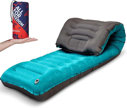AKSOUL Sleeping Pad Ultra-Thick - Inflatable Sleep Mat, Lightweight & Compact 4.72 in Air Mattress with Pillow, Self-Inflating with Built-in Foot Pump for Traveling, Hiking, Camping (Blue)