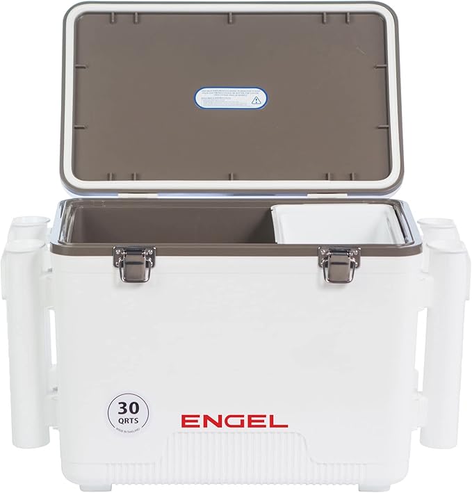 Engel UC30 30qt Leak-Proof, Air Tight, Fishing Drybox Cooler with Built-in Fishing Rod Holders, Also Makes The Perfect Hard Shell Lunchbox for Men and Women in White