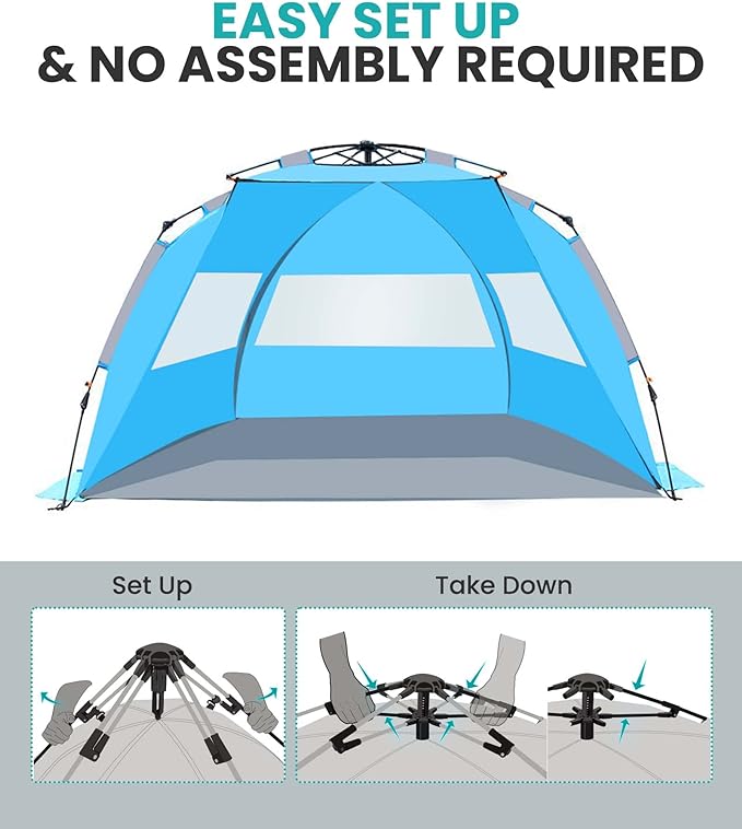 OutdoorMaster Beach Tent for 3-4 Person - Easy Setup and Portable Beach Shade Sun Shelter Canopy with UPF 50+ UV Protection Removable Skylight Family Size