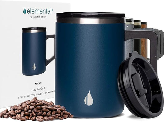 Elemental Insulated Coffee Mug - Triple-Wall Stainless Steel Summit Travel Cup for Hot and Cold Drinks - Thermal Coffee Mug with Lid and Handle for Camping, Office & Travel 16oz - Navy Blue