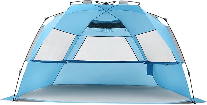Pacific Breeze Easy Setup Beach Tent, SPF 50+ Pop Up Beach Tent Provides shelter from The Sun for 4+ People