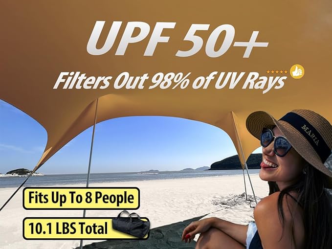10×10ft UPF50+ Beach Tent Sun Shelter, Windproof Stable Outdoor Pop Up Beach Shade Canopy for Camping, Fishing, Backyard Fun or Picnics, 4 Poles