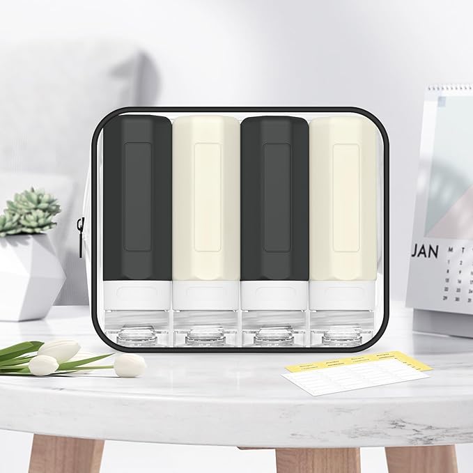 Redfly Travel Bottles for Toiletries, 3oz Tsa Approved Travel Size Containers, BPA Free Leak Proof Containers for Toiletries, Silicone Refillable Essentials for Shampoo Conditioner Black-white