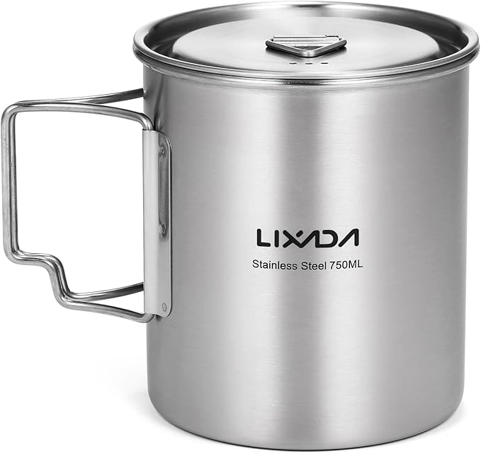 LIXADA Camping Cup Pot,750ml Stainless Steel Water Cup Mug with Foldable Handles and Lid for Outdoor Camping Hiking Backpacking