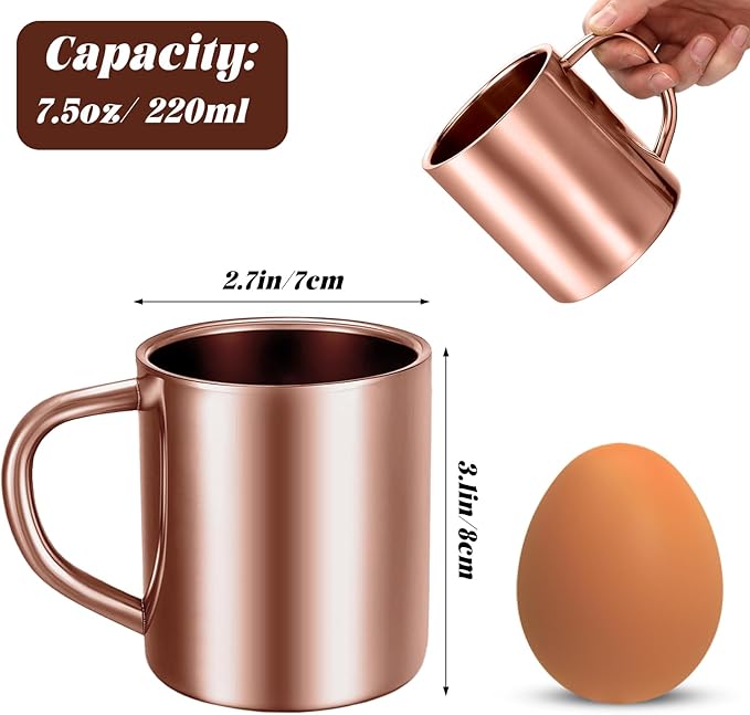 Cunhill 4 Set 7.5oz/220ml Stainless Steel Coffee Mug with Handle Metal Double Walled Cups Camping Mug Dishwasher Safe Tea Cups for Home Travel Camping Outdoors Rv Keep Drinks Hot (Rose Gold)