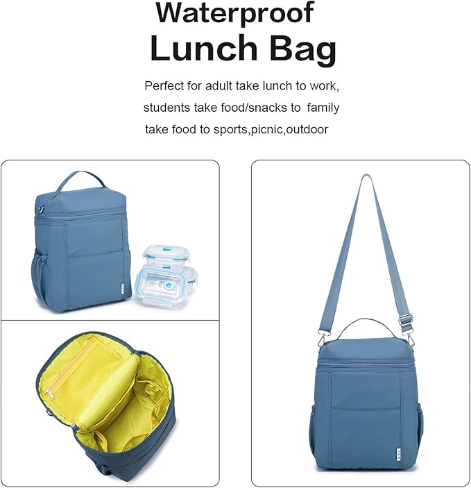 NOL Natural Organic Lifestyle Insulated Lunch Bags for Women Cooler Bag Lightweight Nylon Waterproof Lunch Box For Work (Dusty blue, Large)