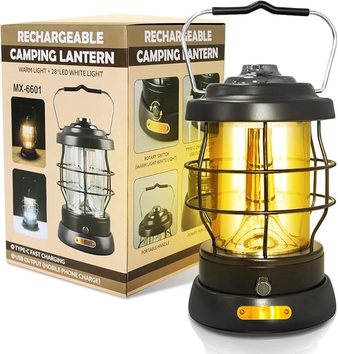 UniqueFire Retro Camping Lantern Rechargeable 1500LM 2 Modes Dimmable,Portable Electric Hurricane Lamp Hands-Free Flashlight,5000 mA High Capacity Battery LED Lanterns for Power Outages Indoor