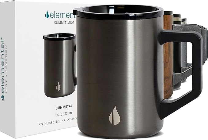 Elemental Insulated Coffee Mug - Triple-Wall Stainless Steel Summit Travel Cup for Hot and Cold Drinks - Thermal Coffee Mug with Lid and Handle for Camping, Office & Travel 16oz - Gunmetal