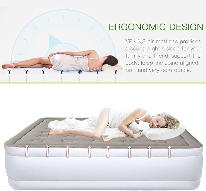 YENING Full Size Air Mattress with Built in Pump Raised Double Blow up Bed Inflatable Camping Airbed Electric 18 Inch Tall Grey