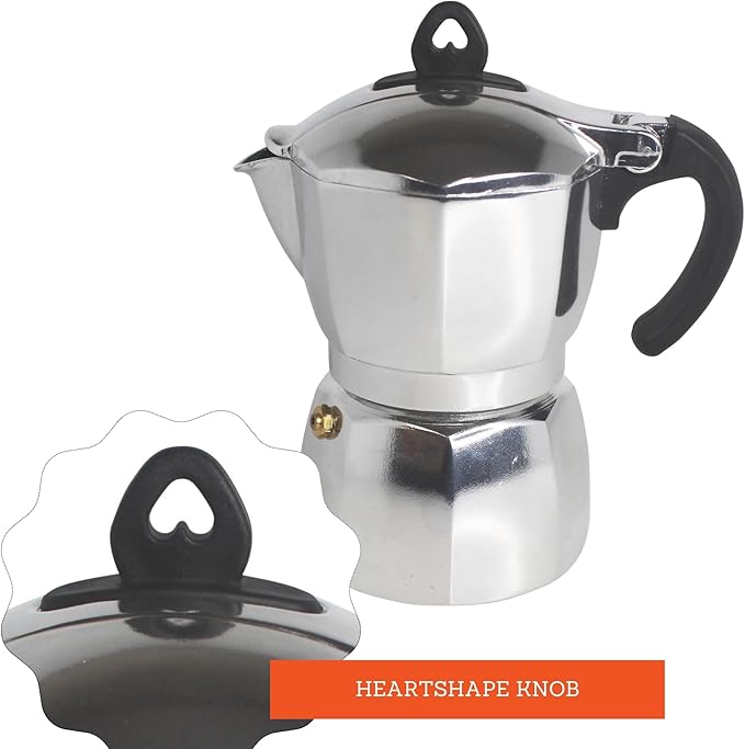 Imusa 3 Cup Stovetop Espresso Maker with Heart Shaped Knob, Silver
