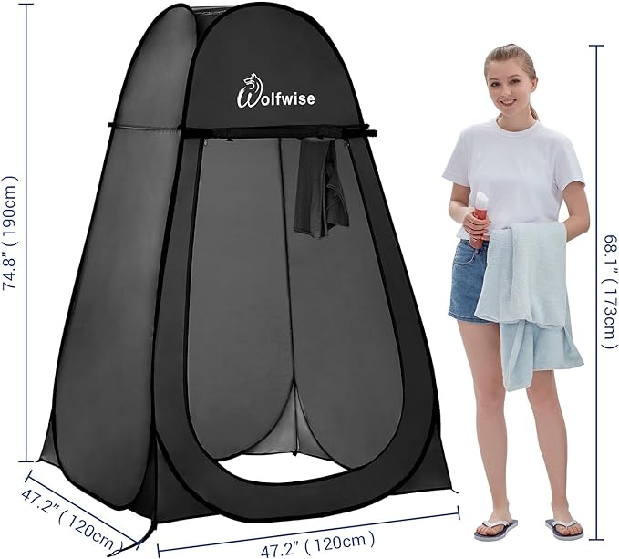 WolfWise Portable Pop Up Privacy Shower Tent, Spacious Changing Room, Dressing Room, Sun Sunshade Canopy Outdoor Rain Shelter, Backpack Privacy Shelters for Camping, Hiking, Beach, Toilet, Black