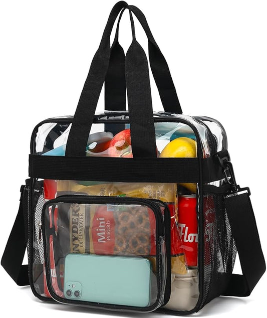 FlowFly Clear Bag for Stadium Events With Shoulder Strap for Women, Men, Large and Reusable Lunch Container, Work and Sporting Events, Travel 12x6x12 Clear Tote Bag, Clear#Black