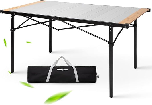 KingCamp Folding Camping Table, Aluminum Roll-Up Camp Table, Large Foldable Table for 6-8 Person, Outdoor Portable Tables with Carry Bag, 180 LBS Heavy Duty Load (Bamboo：53.5“x27.5”，6-8 People)