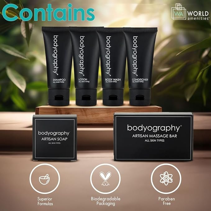 Bodyography Toiletry Kit, 6 Piece Set Shampoo, Conditioner, Body Wash, Lotion, Hand Soap, Massage Bar, Clear Travel Bag
