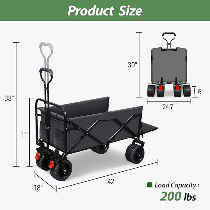 TAIFA Foldable Collapsible Wagons Cart with Extra Long Tailgate, Beach Portable Utility Wagon with Big Wheels and Brakes for Sand Shopping Camping Sports Outdoor, Black and Gray