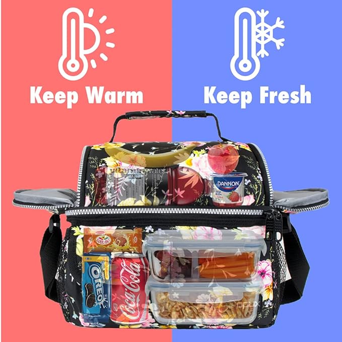 opux Lunch Bag Women Insulated, Adult Lunch Box Cooler, Flower Lunch Box, Dual Compartment Lunchbox for Work, Leakproof Double Decker Lunch Bag, Soft Lunch Pail Tote Girls Kids School, Floral Black