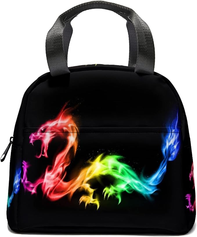 Giwawa Rainbow Dragon Insulated Lunch Bag Colorful Fire Animal Print Reusable Lunch Cooler Tote Box with Front Pocket & Zipper Closure for Kids Woman Man Work Picnic Travel