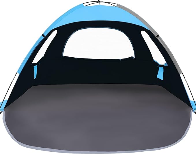 NXONE Beach Tent Sun Shade Shelter for 4 Person with UV Protection, Extended Floor, 3 Mesh Roll Up Windows & 8.5mm Fiberglass Rods丨Carry Bag Included (Dark Shelter-Ocean Blue)