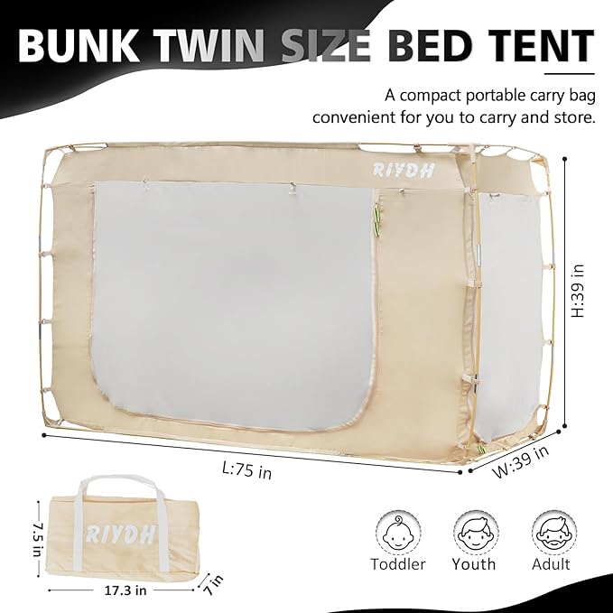 Bed Tent Bed Canopy BunkTwin Size Tents for Adult and Kids- Original Design Portable Dream Tent Indoor Sleeping Tents 80% Blackout with 3 Doors Breathable Big Space Tents