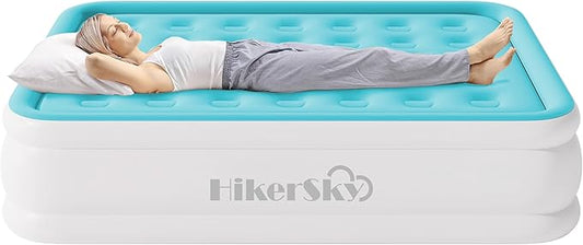 Queen Air Mattress with Built-in Pump, Air Bed with Portable Storage Bag, 18'' Blow up Mattress Suitable for Home and Guests, Top Flocking, 18" Queen Blue