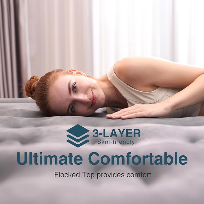 Air Mattress 18", Queen Air Mattress with Built in Pump, Inflatable Mattress with Soft Flocked Top and Portable Carry Bag Adjustable Blow Up Mattress for Guest, Indoor, Travel (Black)