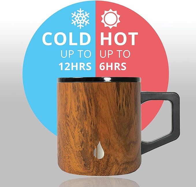 Elemental Insulated Coffee Mug - Triple-Wall Stainless Steel Summit Travel Cup for Hot and Cold Drinks - Thermal Coffee Mug with Lid and Handle for Camping, Office & Travel 12oz - Teakwood