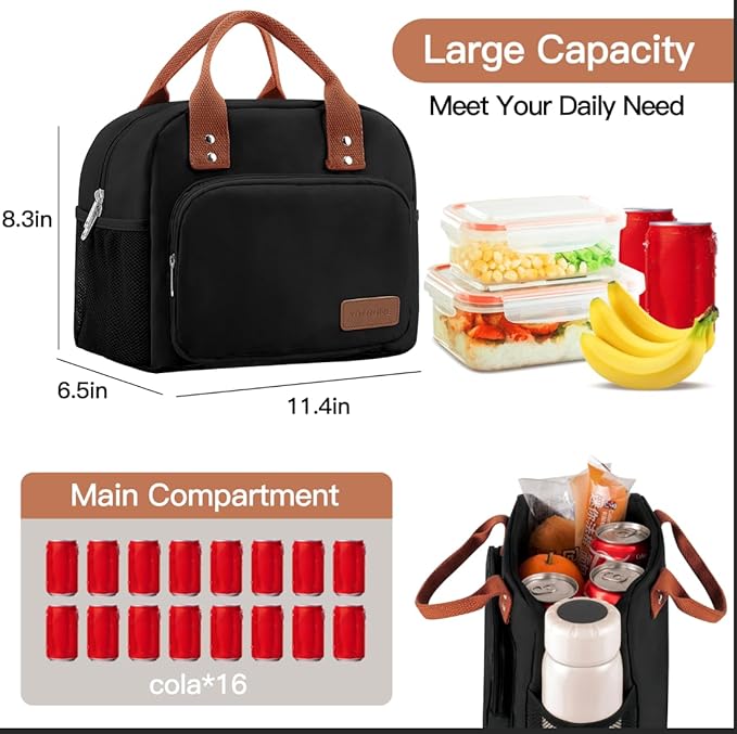 Lunch Bag Women,Insulated Lunch Box Lunch Bag for Women Men Work Adult Cute Small Lunch Tote Bag, Large Capacity Reusable Cooler Containers for Travel Picnic Office or Beach (Black)