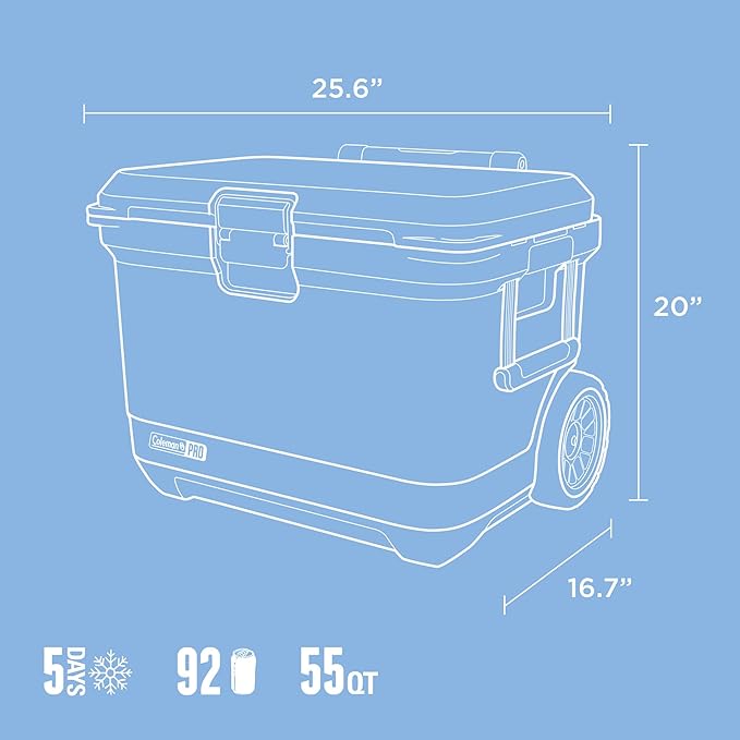 Coleman Pro 55qt Wheeled Ultra-Light Premium Hard Cooler, Extra-Thick Insulation Keeps Ice up to 5 Days, 92-Can Capacity, Heavy-Duty Wheels