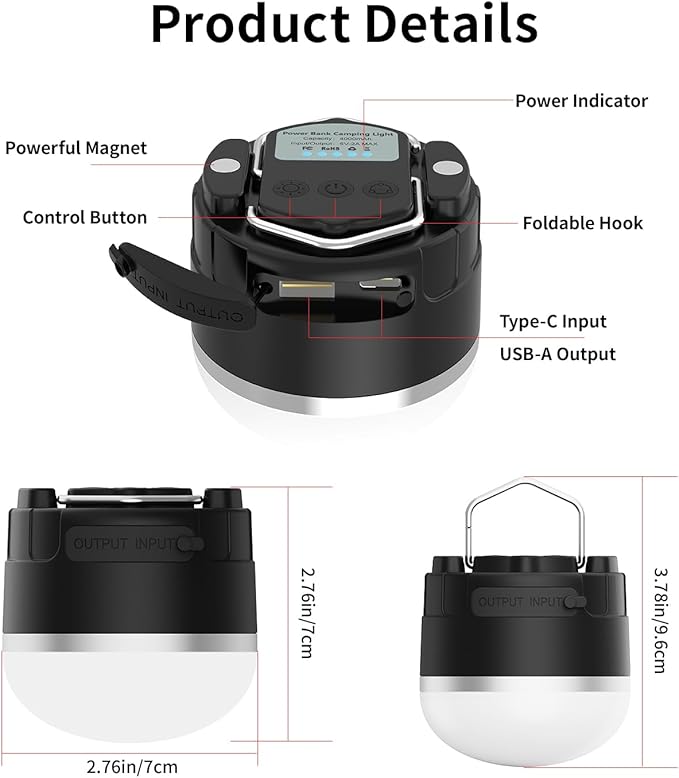 RGB LED Camping Lights Rechargeable - Tent Light with 13 Lighting Modes & Power Bank, IP65 Ultra Waterproof Dustproof Tent Lantern, Portable Tent Lights for Camping Hiking Fishing Emergency Outage