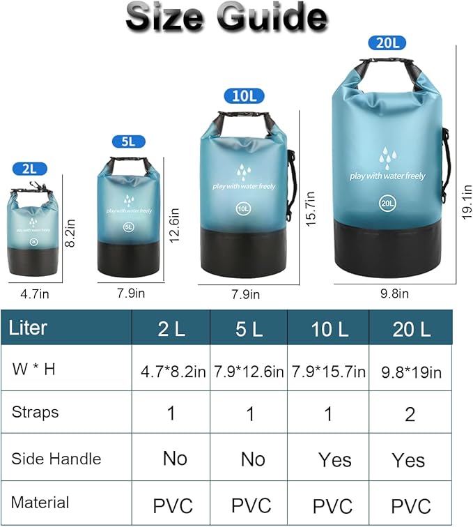 Waterproof Dry Bag,5L/10L/20L Roll Top Lightweight Dry Storage Bag Backpack with Waterproof Phone Case for Travel,Swimming,Boating,Kayaking,Fishing,Camping and Beach (Blue 1pcs, 10L)