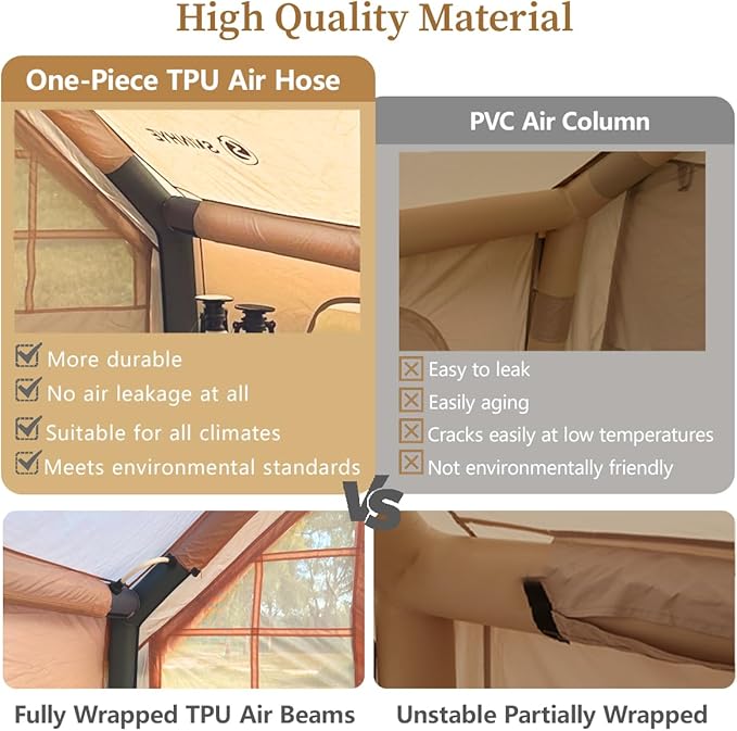 Inflatable Tent for Camping Blow Up Tents Glamping 4 Season House, Air Tents with Pump, Easy Setup Oxford Cabin House with Double-Layer Mesh Windows & Double Doors