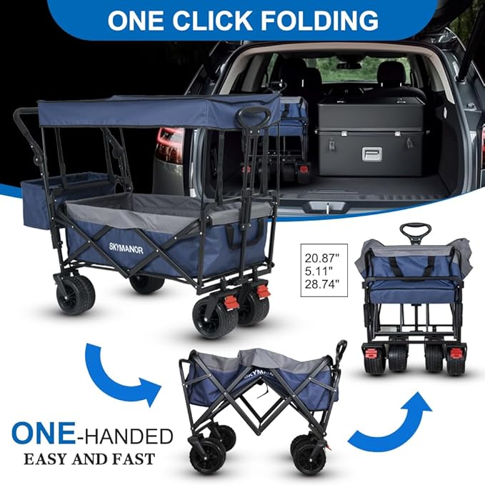 Collapsible Wagon with Removable Canopy, 3-in-1 Heavy Duty Garden Cart with Big All-Terrain Wheels, Brakes, Adjustable Push Pull Handle, Cooler Bag, 300LBS Wagon Cart for Camping (Blue)