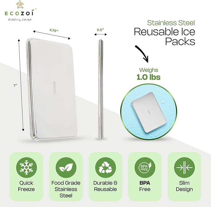 Stainless Steel Lunch Chillers - Ice Packs for Lunch Bags, Lunch Boxes, Bento Boxes and Coolers - 2 Pack, Plastic-Free and Sustainable