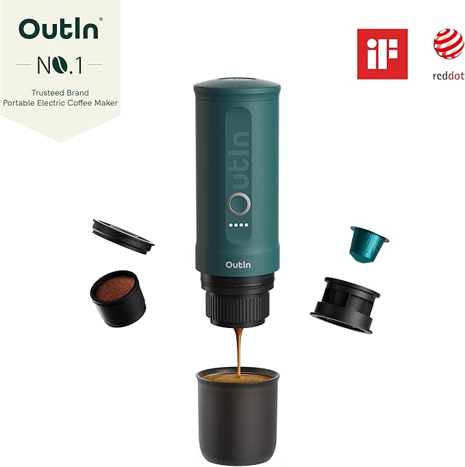 OutIn Nano Portable Electric Espresso Machine, Travel Coffee Maker for Camping, Car Coffee Maker Self-Heating with USB-C, With Ground Coffee & NS Capsule for RV, Hiking, Office