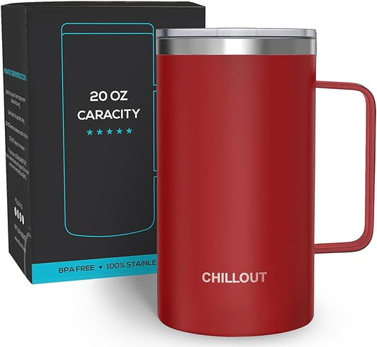 CHILLOUT LIFE Stainless Steel 20 oz Vacuum Insulated Coffee Mug with Handle and Lid, Large Thermal Camping Coffee Mug Cup with Durable Sliding Lid for Men & Women, Keeps your Beverages Hot/Cold