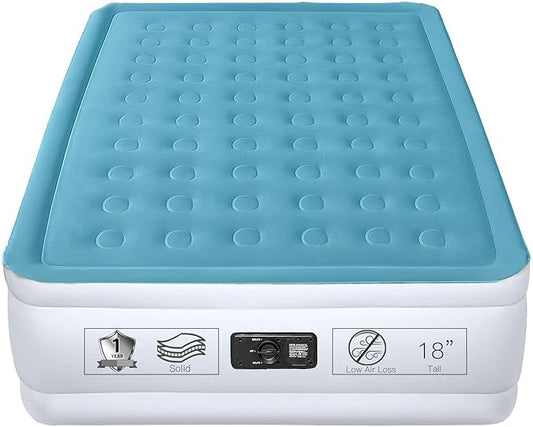 YENING Full Size Air Mattress with Built in Pump Raised Double Blow up Bed Inflatable Camping Airbed Electric 18 Inch Tall Blue