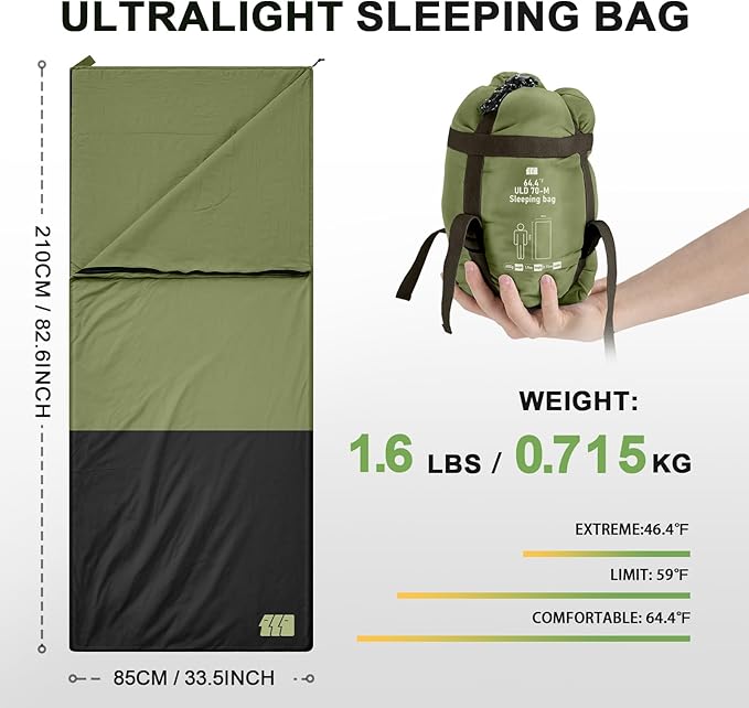 Ultralight Warm Weather Sleeping Bag - Portable, Waterproof, Compact Lightweight, Comfort with Compression Sack - Great for Outdoor Camping, Backpacking & Hiking