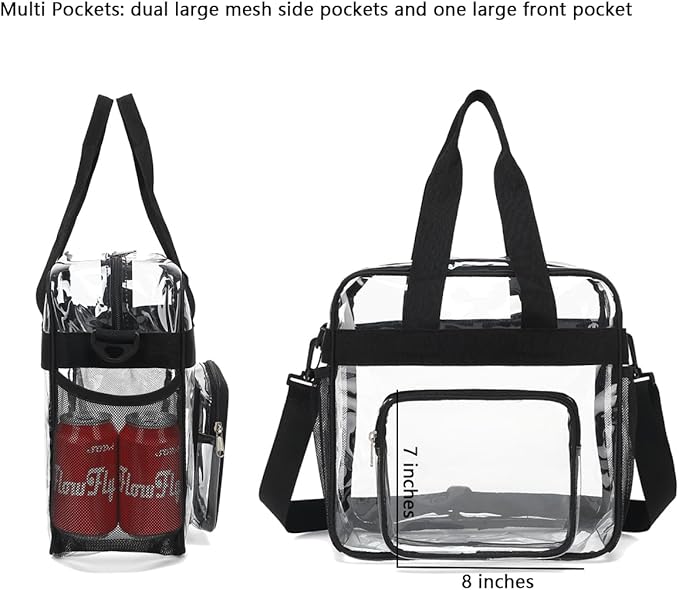 FlowFly Clear Bag for Stadium Events With Shoulder Strap for Women, Men, Large and Reusable Lunch Container, Work and Sporting Events, Travel 12x6x12 Clear Tote Bag, Clear#Black